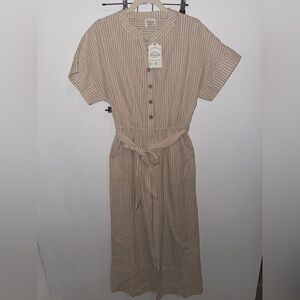 Very J Women’s Beige Striped Jumpsuit with Tie Waist